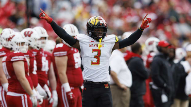 Nov 5, 2022; Madison, Wisconsin, USA; Maryland Terrapins defensive back Deonte Banks (3) reacts following a play during the third quarter against the Wisconsin Badgers at Camp Randall Stadium.